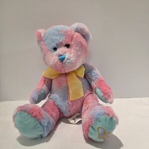 Walmart Pastel Pink Fuchsia Teddy Bear Plush 12" Yellow Bow Blue Nose w Hearts